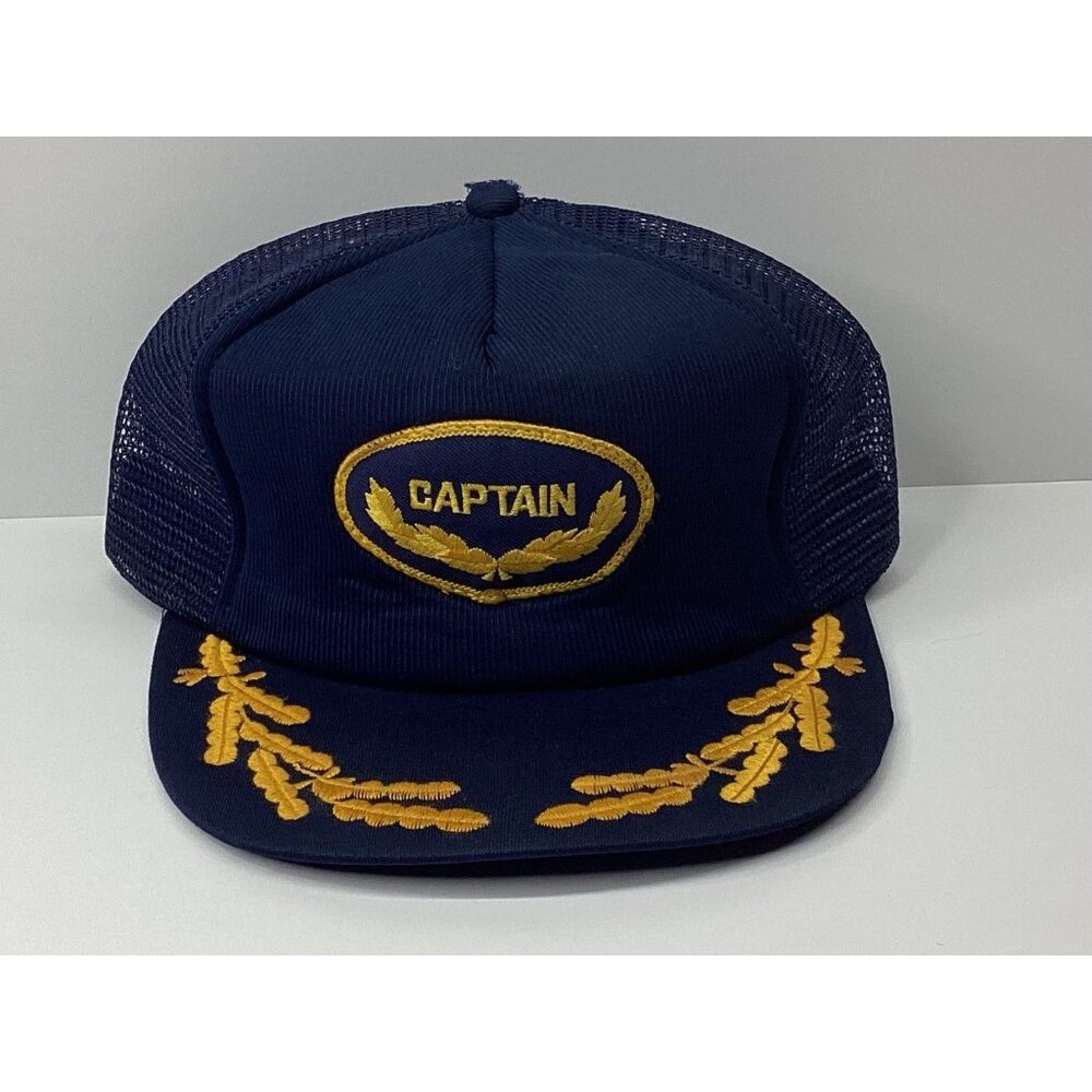 Captain Trucker Hat Adjustable Navy Blue Gold Embroidered Leaf Design
